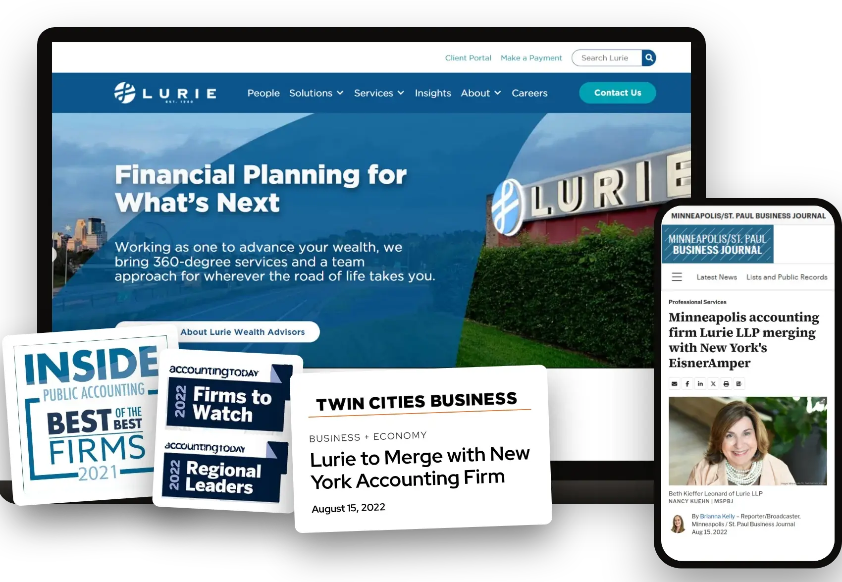 Lurie LLP website, Minneapolis/St. Paul Business Journal merger coverage, Twin Cities Business headline, and Inside Public Accounting and Accounting Today awards